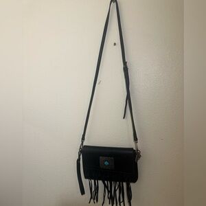 Wrangler Fringe Turquoise Stone Crossbody Purse Western Cowgirl Boho, Black